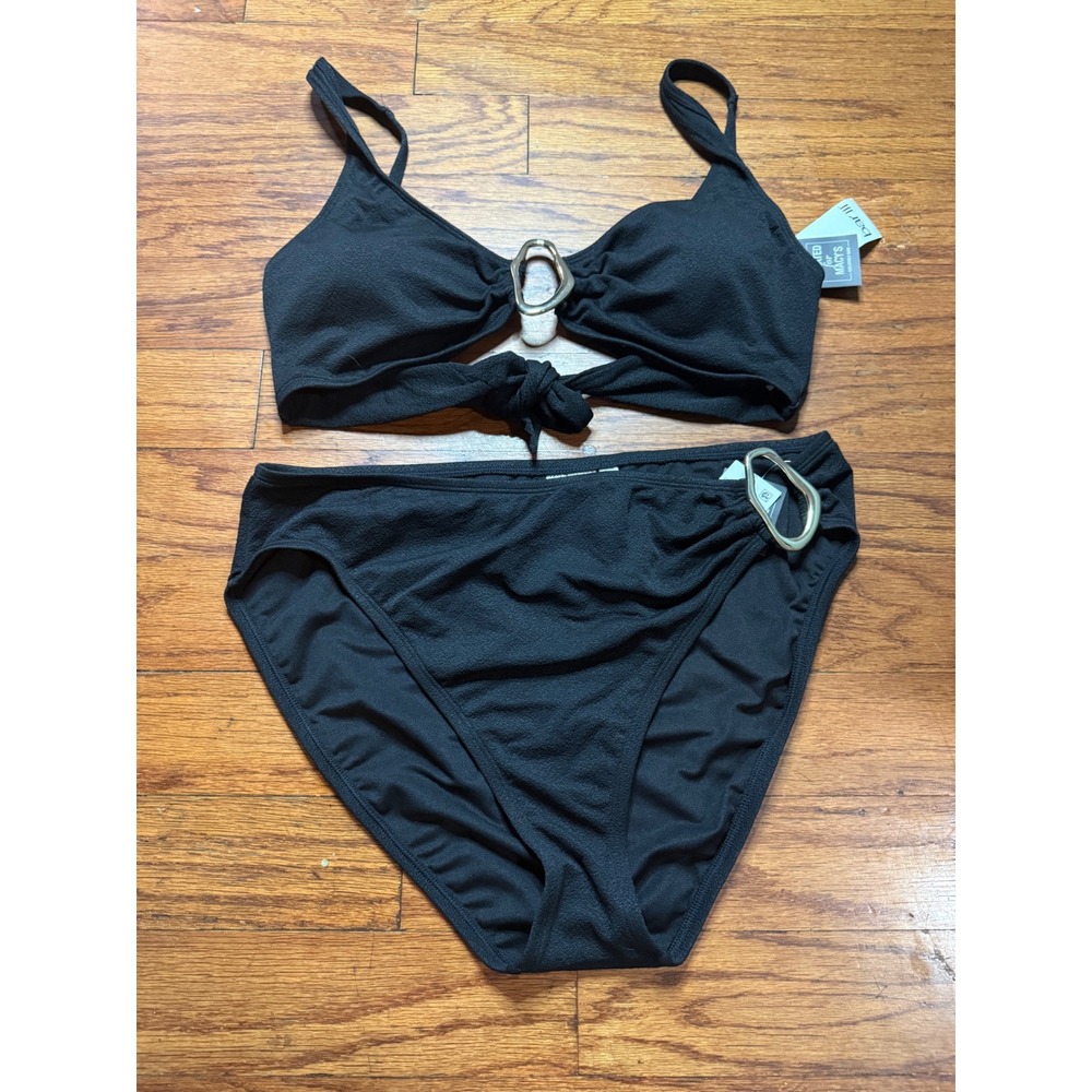 Bar‎ III Womens Black Crinkle Ring Detail Bikini Set High Waist Swimsuit XL NWT